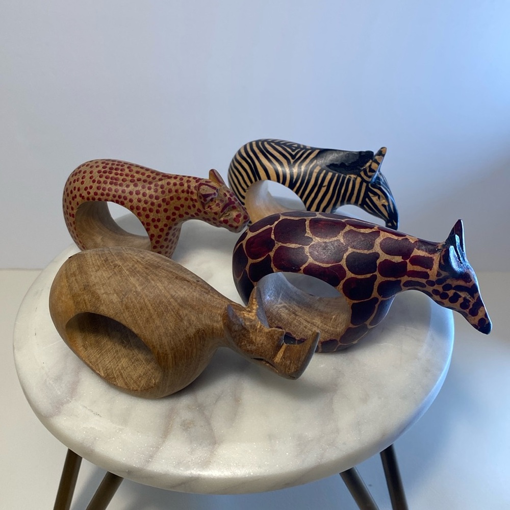 Hand Carved Wooden African Animal Napkin Ring Holders Vintage Set Of 4 Decor